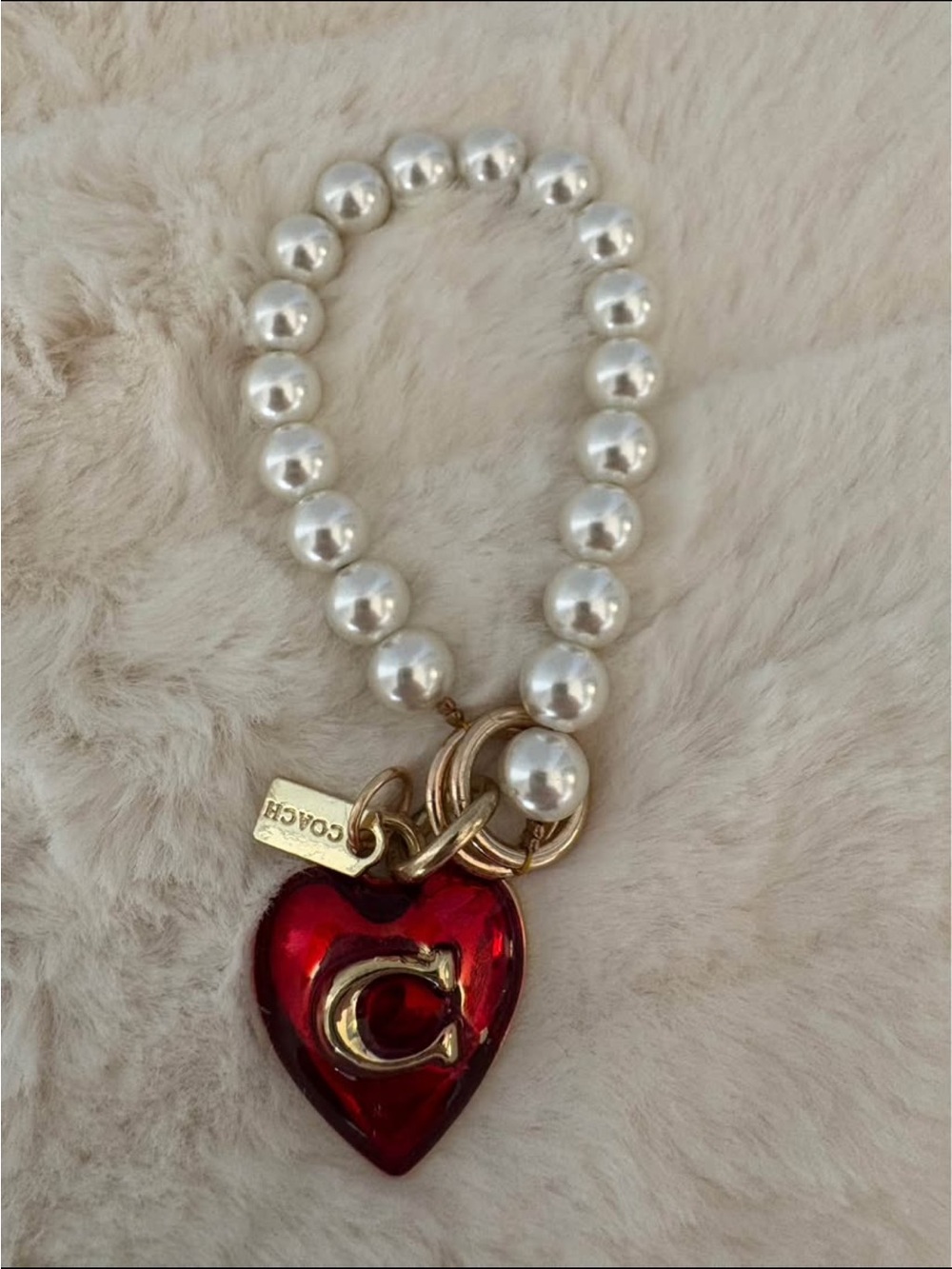 Coach Pearl Bracelet with Red Heart and Gold Charm